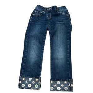 Girl’s Size M (6-7) Denim Jeans with Floral Cuffs Faux Zipper Elastic Waist